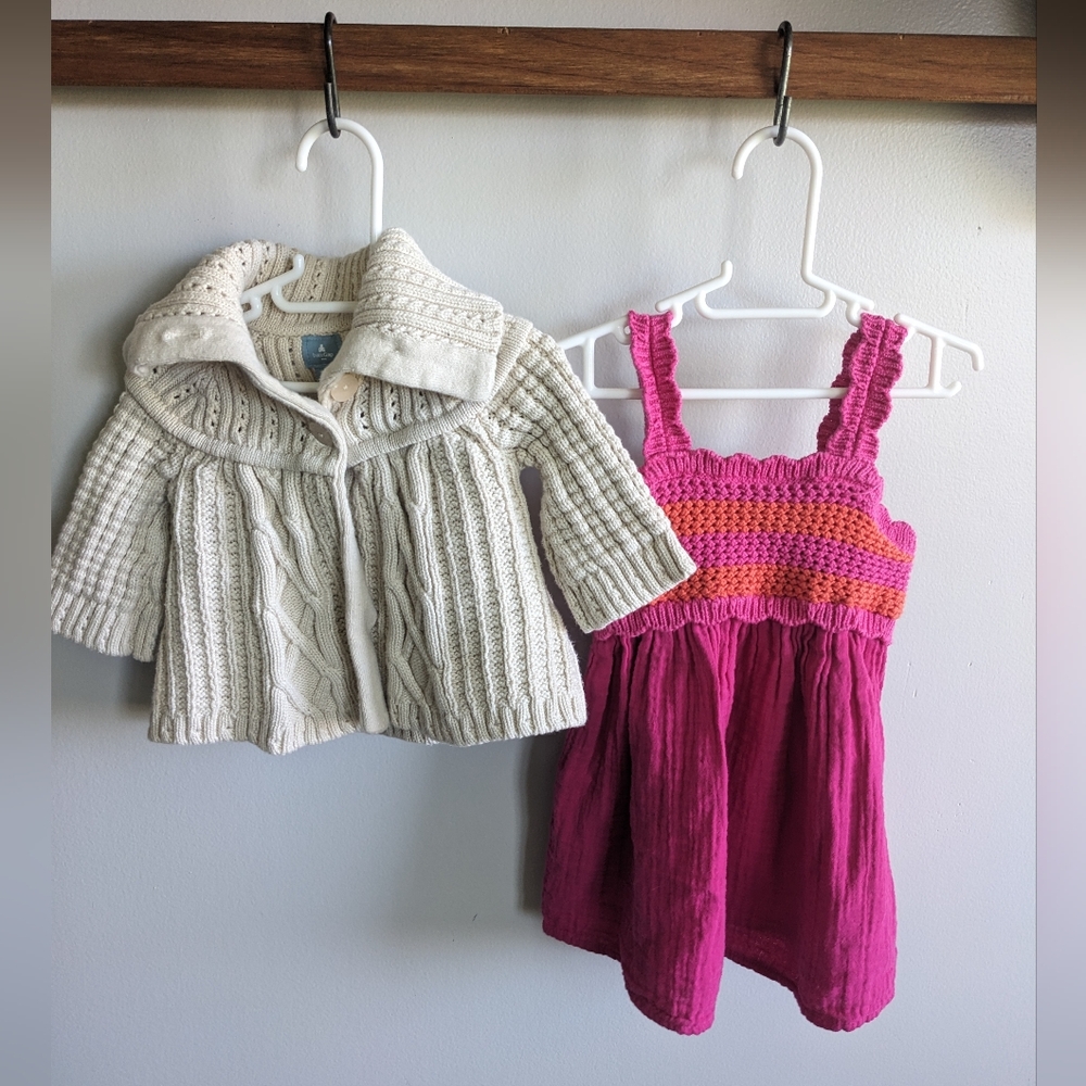 Babygap Baby Girls Bundle Cable Knit beige sweater / Crochet Dress Natural Fiber